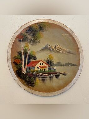 Vintage Japanese Scene Wooden Plate Hand-Painted 3D Round Wall Hanging Art